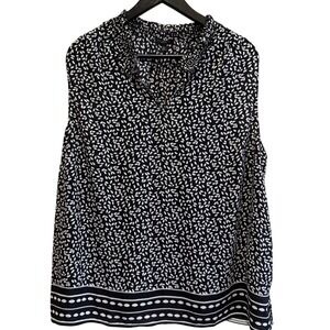 Talbots Plus Petite Sleeveless Black White Leaf Print Ruffle Neck Top 2X